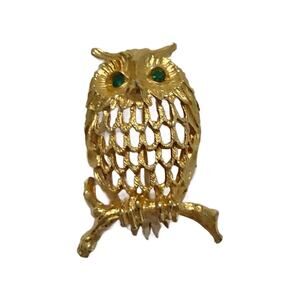 Vintage Gold Tone Owl Brooch with Emerald Eyes by Napier, Vintage Scatter Pins